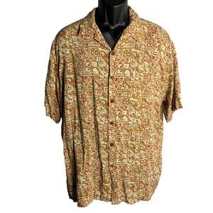 OP Ocean Pacific Hawaiian Button Up Shirt XL Tan Floral Pocket Short Sleeve Camp